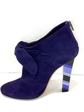 JIMMY CHOO ~ Eggplant Purple Suede Leather Booties w/Chevron Design Heels